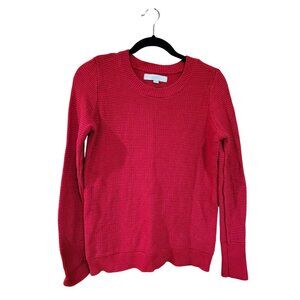Loft Womens Red Textured Knit Sweater M Long Sleeve Button Cuffs Cotton Blend